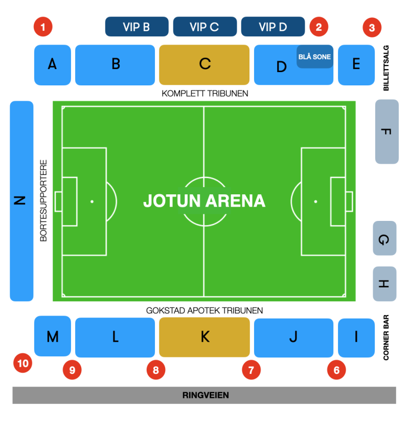 Arenakart Jotun Arena. 600 plasser til bortesupportere på kortside/seksjon N.